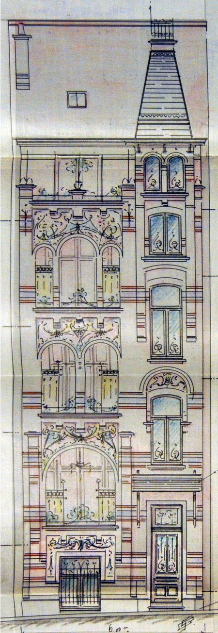 Projet d'élévation avenue Louis Bertrand 92, Schaerbeek, 1908. Dans ce projet d’immeuble, trois loggias se superposent avec, en guise de « brise-bises », des rideaux en perles du Japon. Elles n’ont jamais été mises en œuvre. 