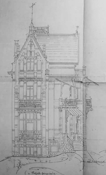 Ontwerp voor een villa in de Brusselse periferie, 1899-1900 (Carlo R. Chapelle, <i>Projet d'une étude historique de la maison connue sous le nom de 'Maison Saint-Cyr' construite en 1900-1903 par l'architecte Gustave Strauven (1878-1919)</i>, Brussel, MMXIV, p. 56).