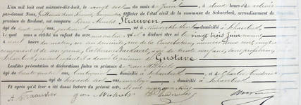 Acte de naissance de Gustave Strauven (Service État civil de la commune de Schaerbeek).